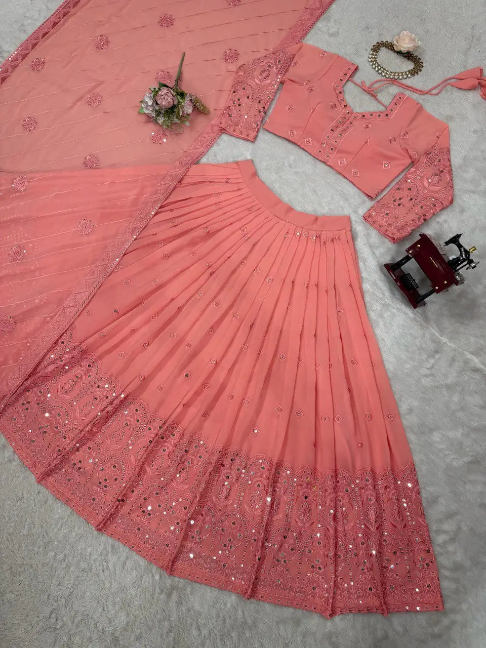 Faux Georgette Sequin Embroidered Lehenga Set with Dupatta
