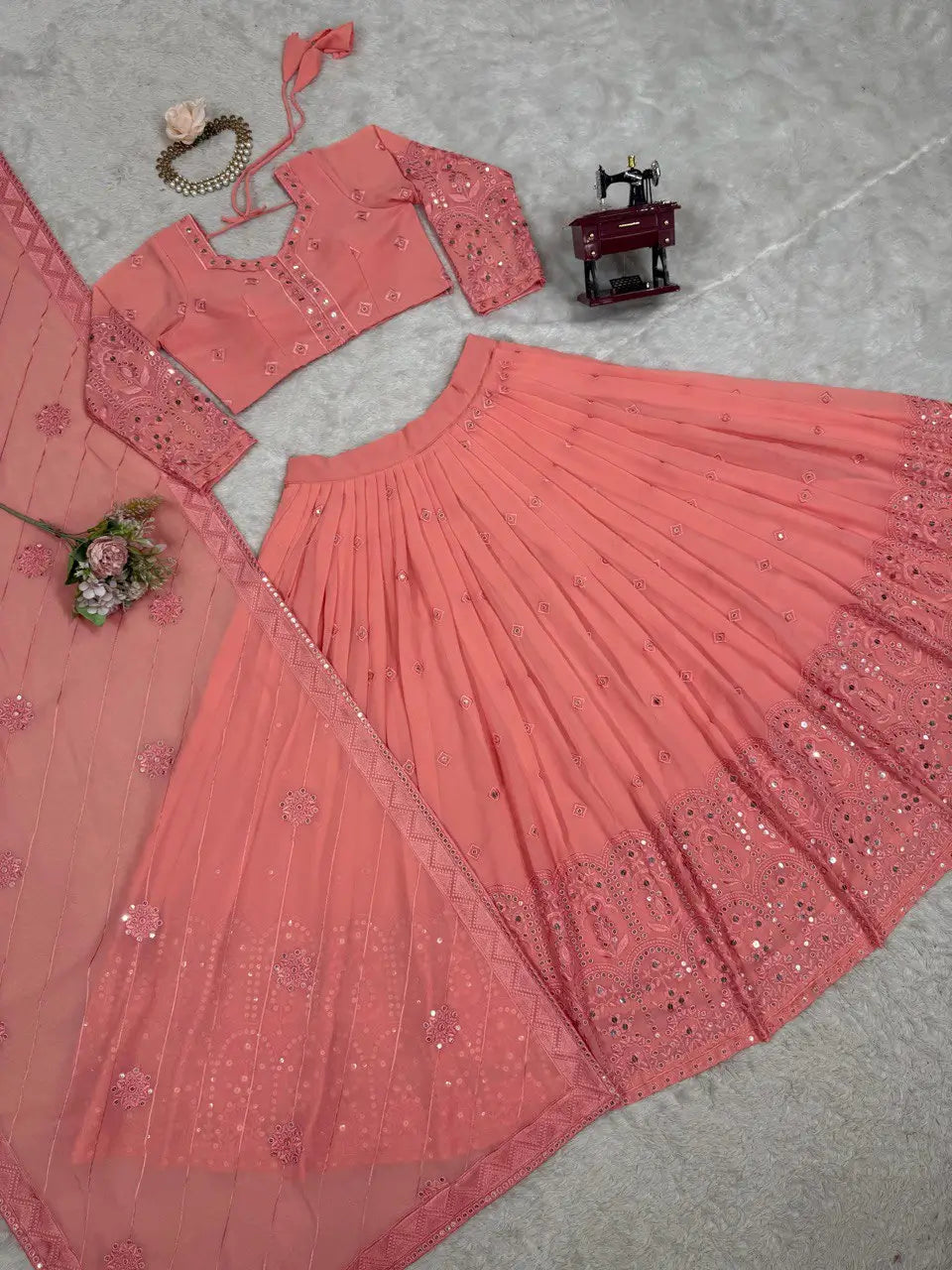 Faux Georgette Sequin Embroidered Lehenga Set with Dupatta