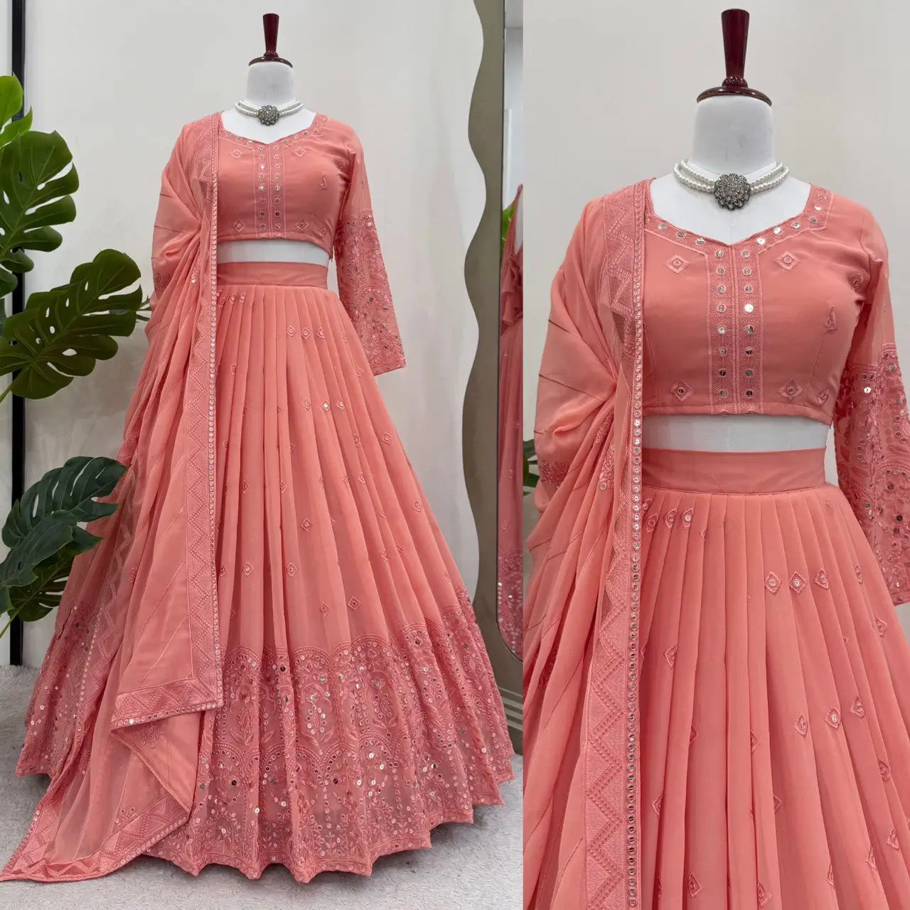 Faux Georgette Sequin Embroidered Lehenga Set with Dupatta