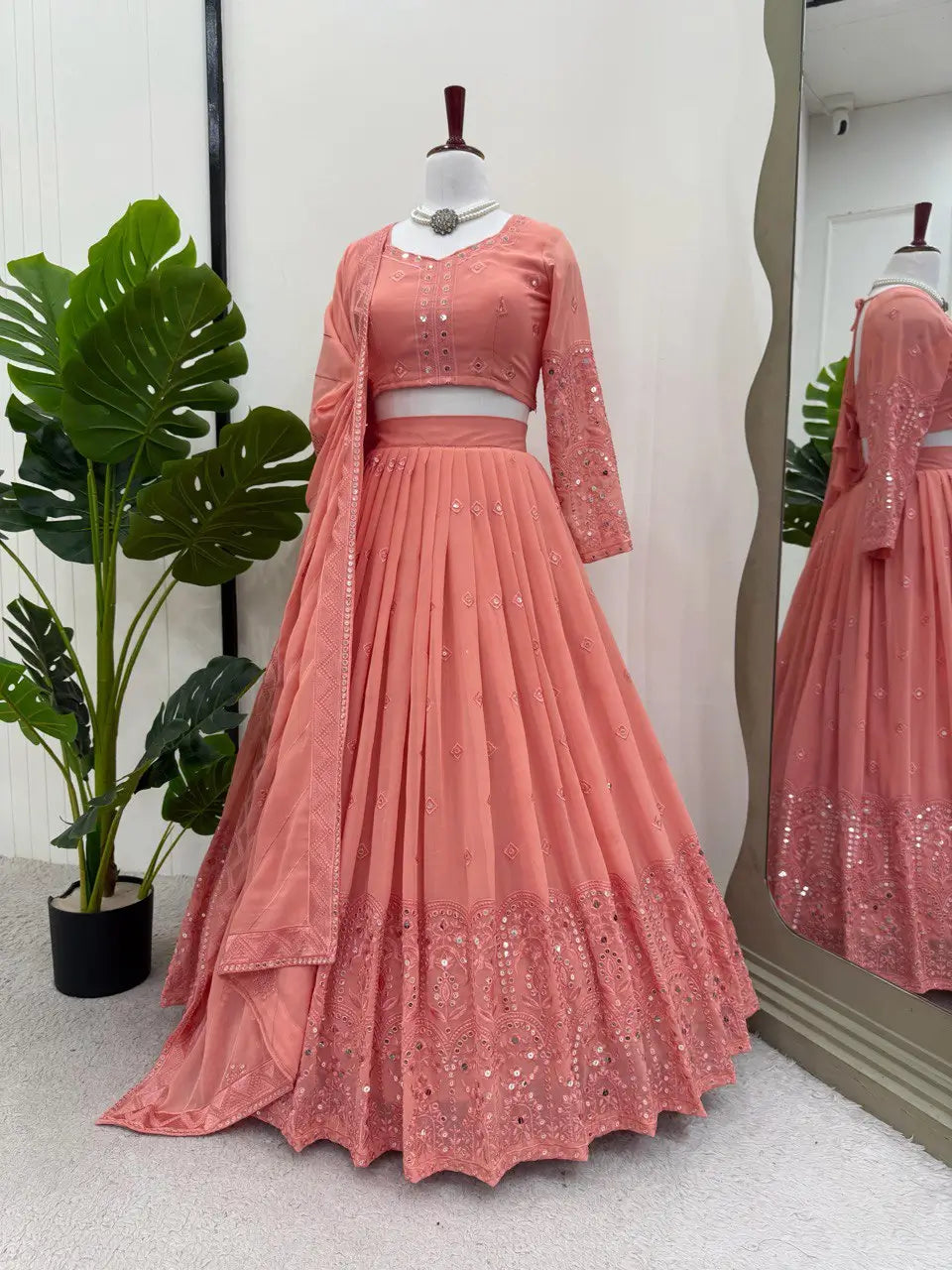 Faux Georgette Sequin Embroidered Lehenga Set with Dupatta
