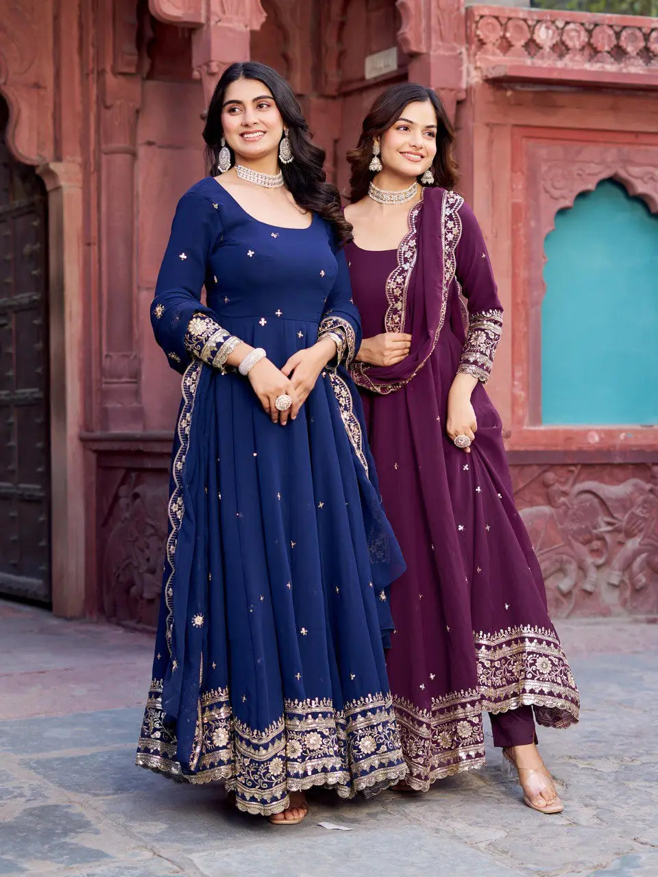 Faux Georgette Thread and Sequin Embroidered Gown Set