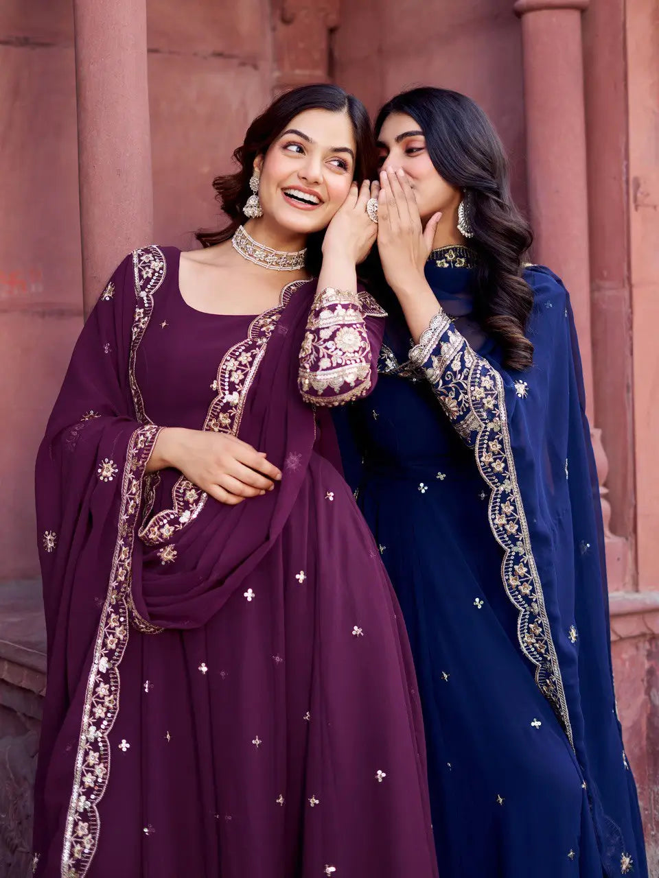 Faux Georgette Thread and Sequin Embroidered Gown Set