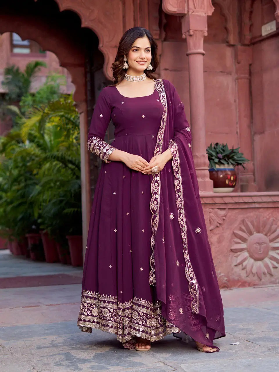 Faux Georgette Thread and Sequin Embroidered Gown Set