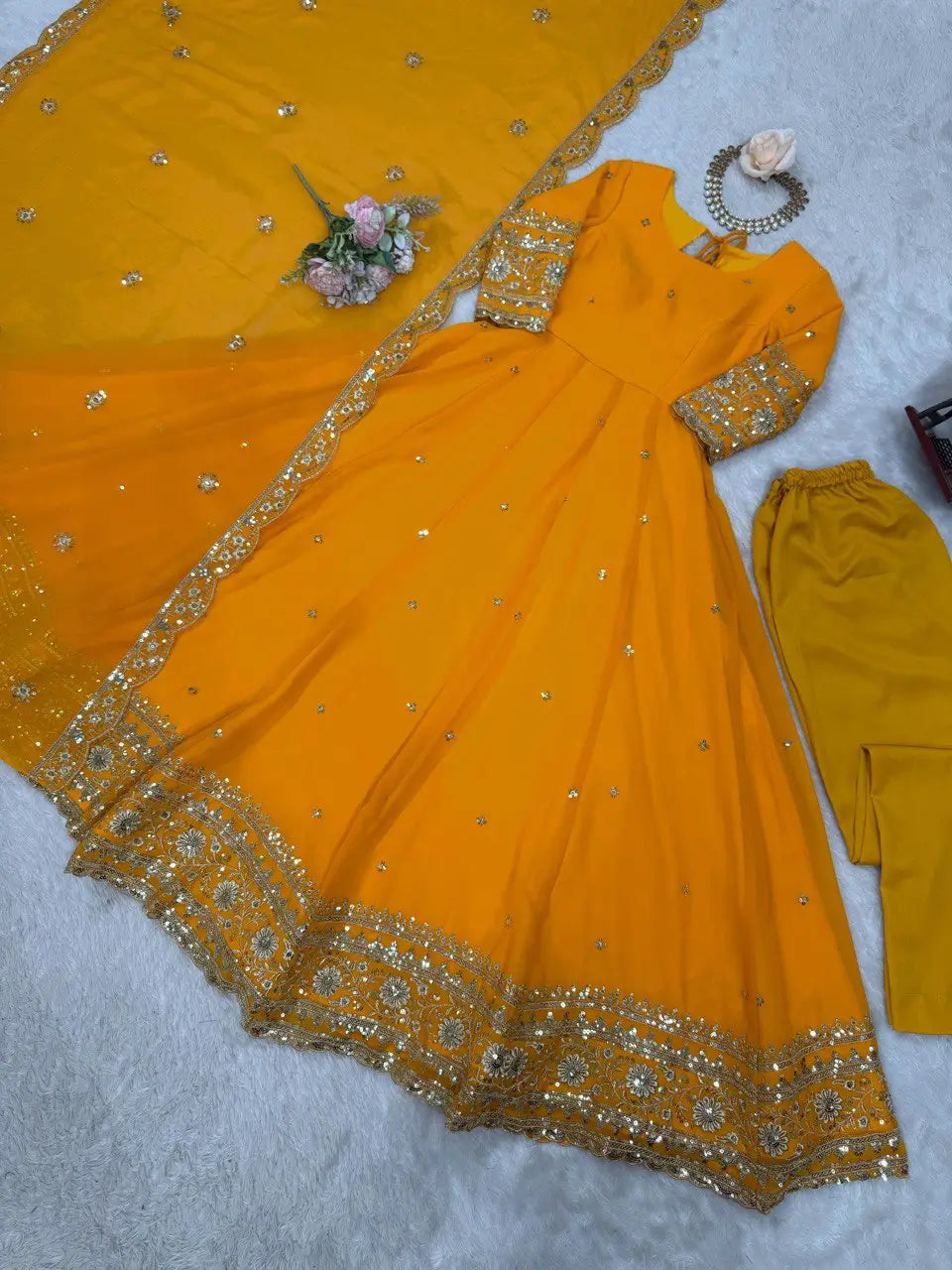 Faux Georgette Thread and Sequin Embroidered Gown Set