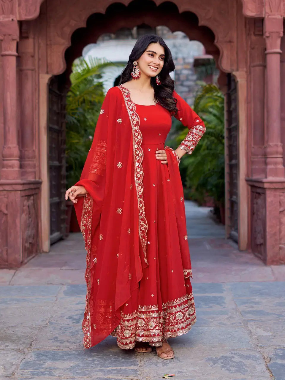 Faux Georgette Thread and Sequin Embroidered Gown Set