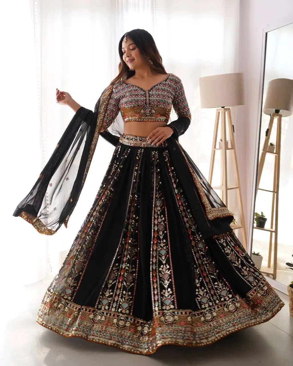 Faux Georgette Thread and Sequin Embroidered Lehenga Choli Set