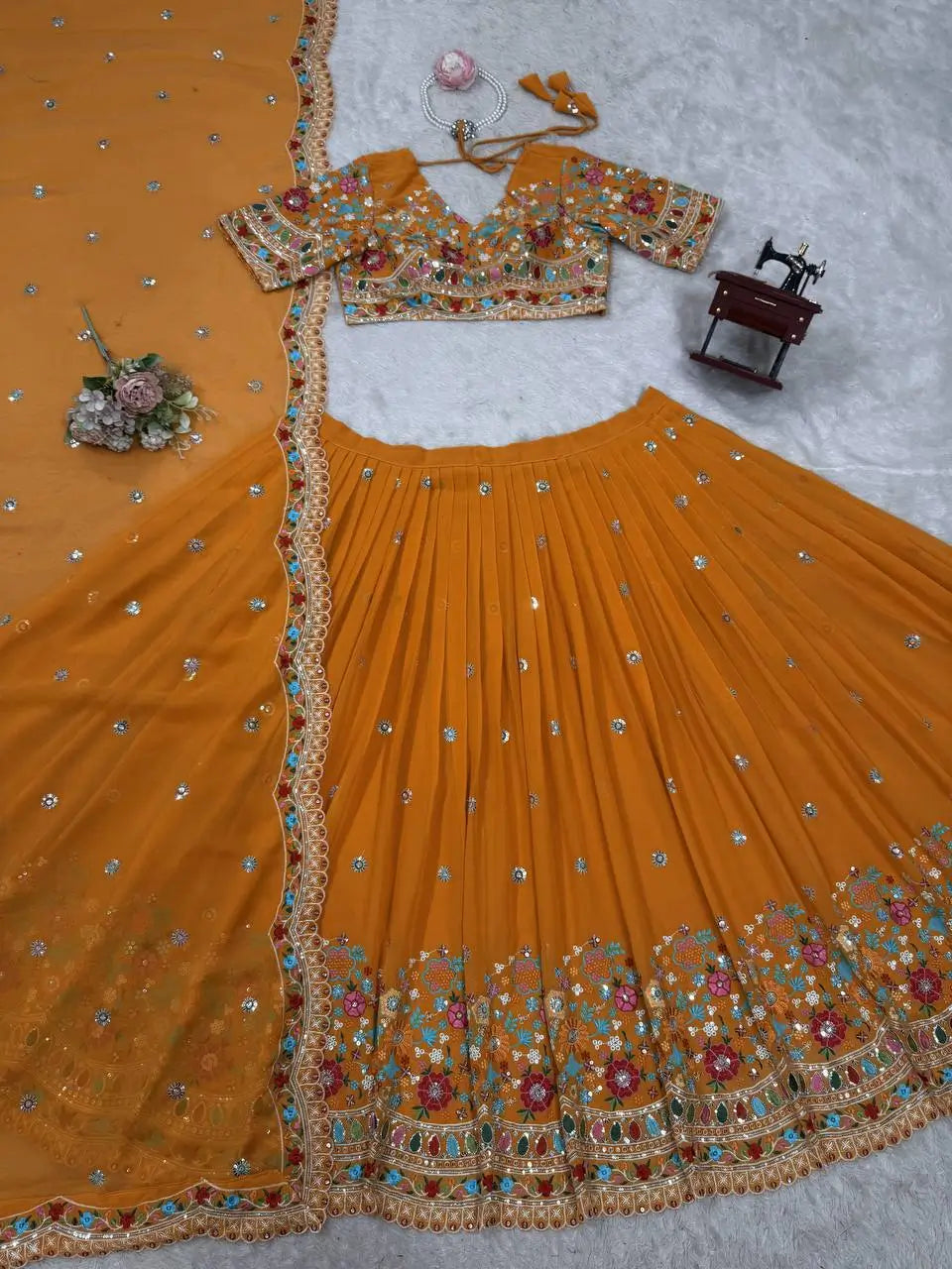 Faux Georgette Thread and Sequin Embroidered Lehenga Set