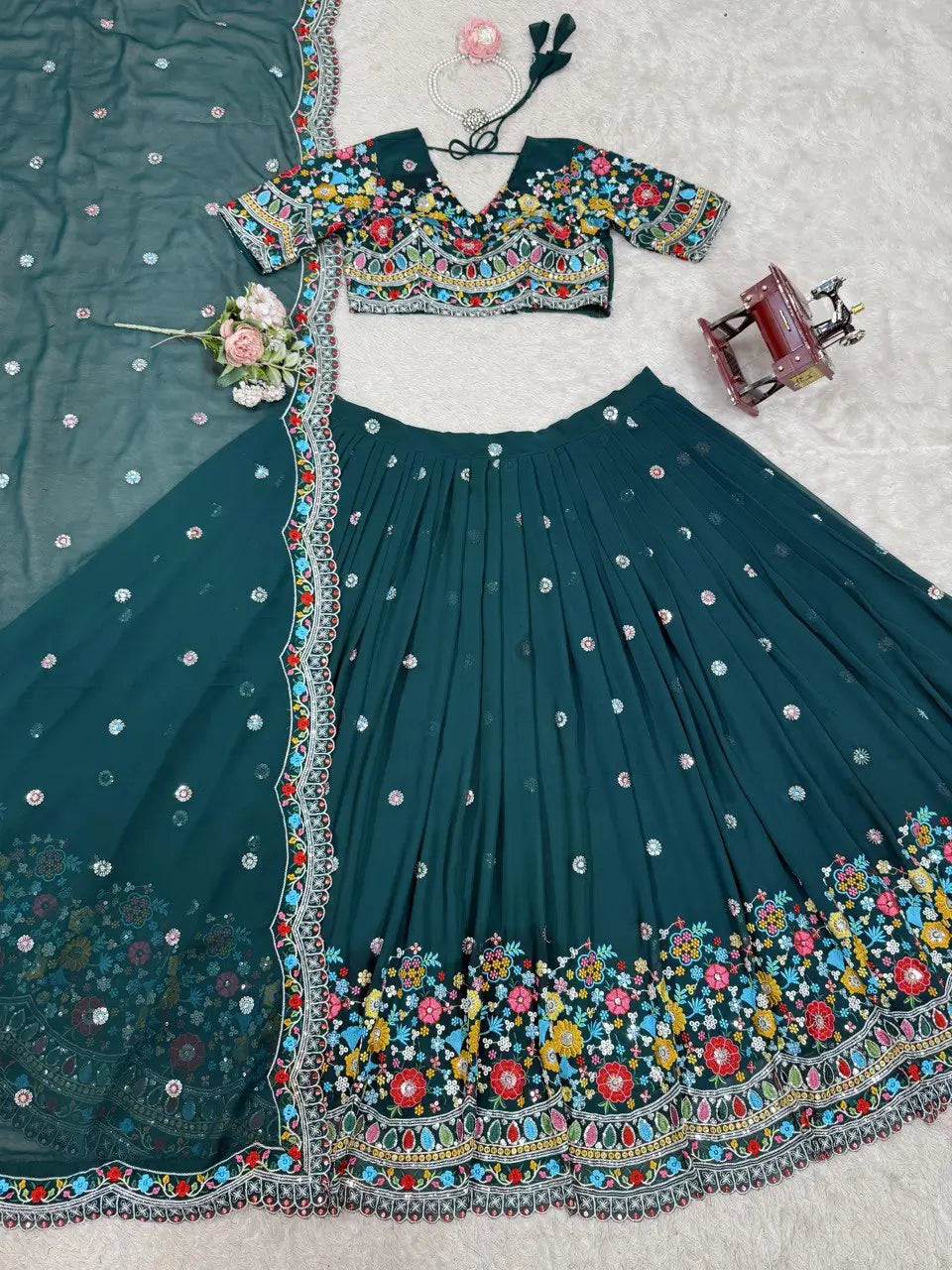 Faux Georgette Thread and Sequin Embroidered Lehenga Set