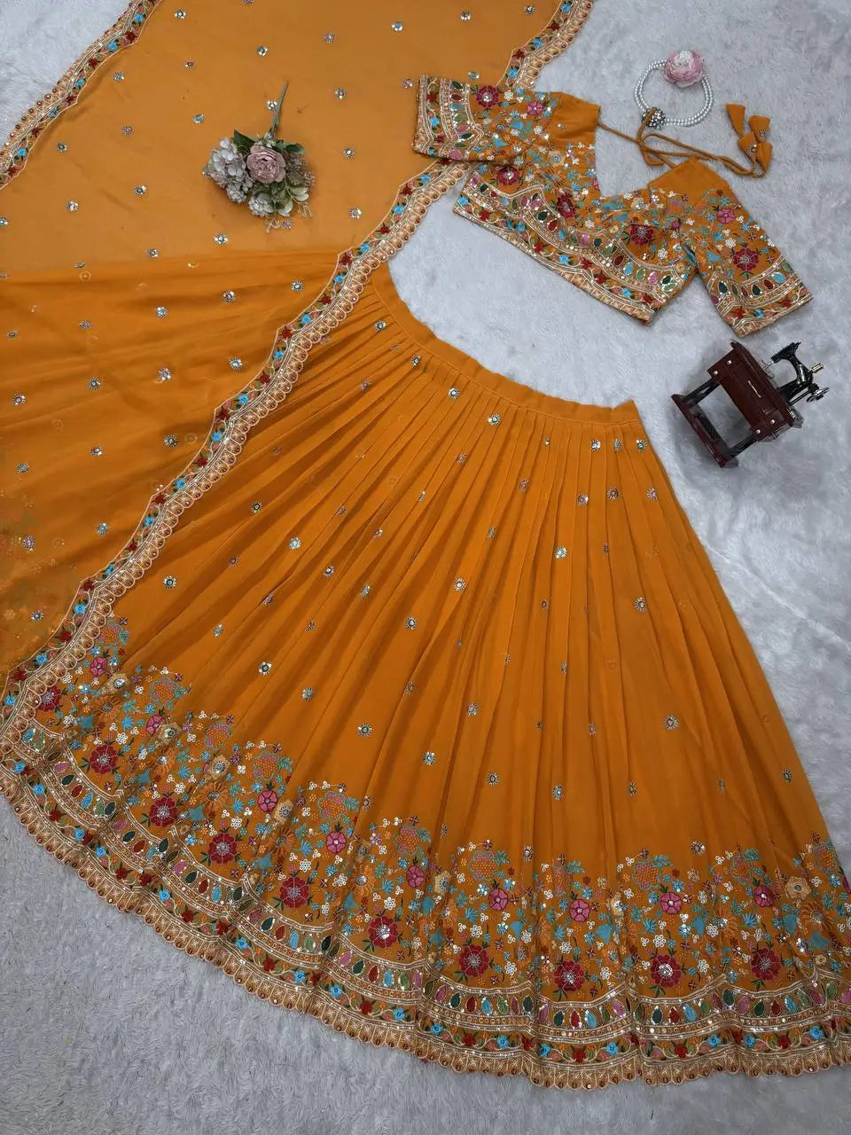 Faux Georgette Thread and Sequin Embroidered Lehenga Set