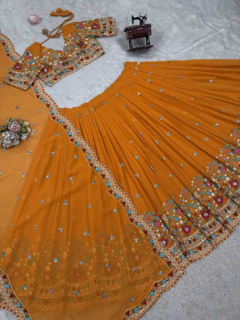 Faux Georgette Thread and Sequin Embroidered Lehenga Set