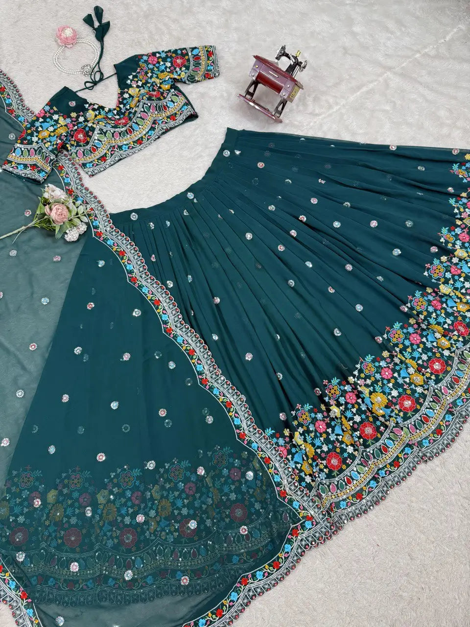 Faux Georgette Thread and Sequin Embroidered Lehenga Set