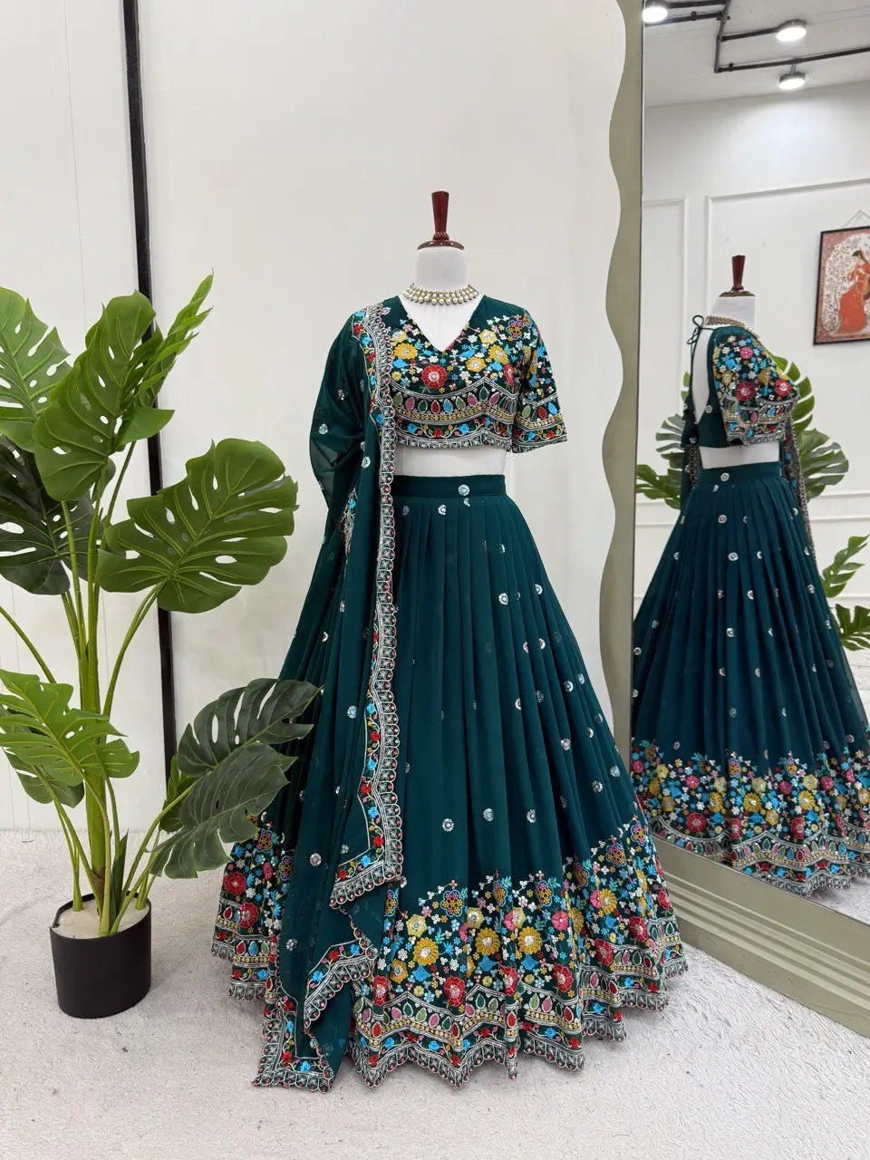 Faux Georgette Thread and Sequin Embroidered Lehenga Set