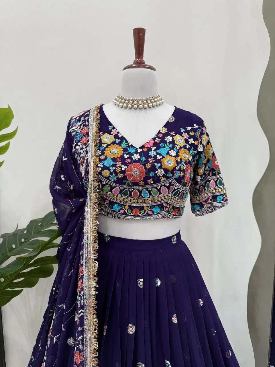 Faux Georgette Thread and Sequin Embroidered Lehenga Set