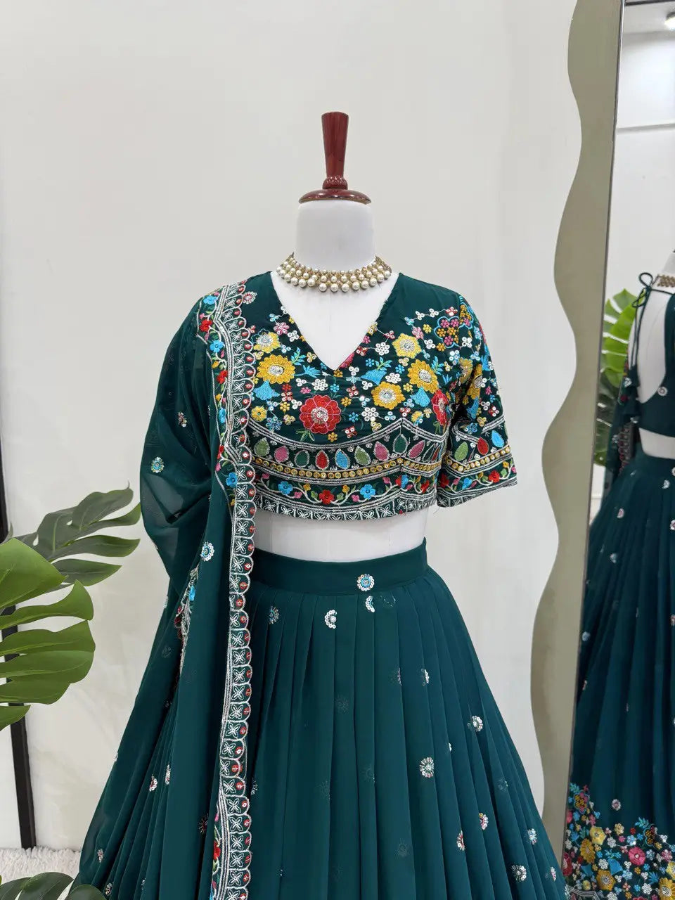 Faux Georgette Thread and Sequin Embroidered Lehenga Set