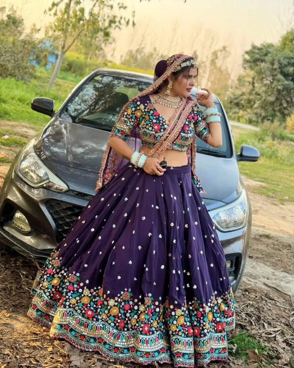 Faux Georgette Thread and Sequin Embroidered Lehenga Set