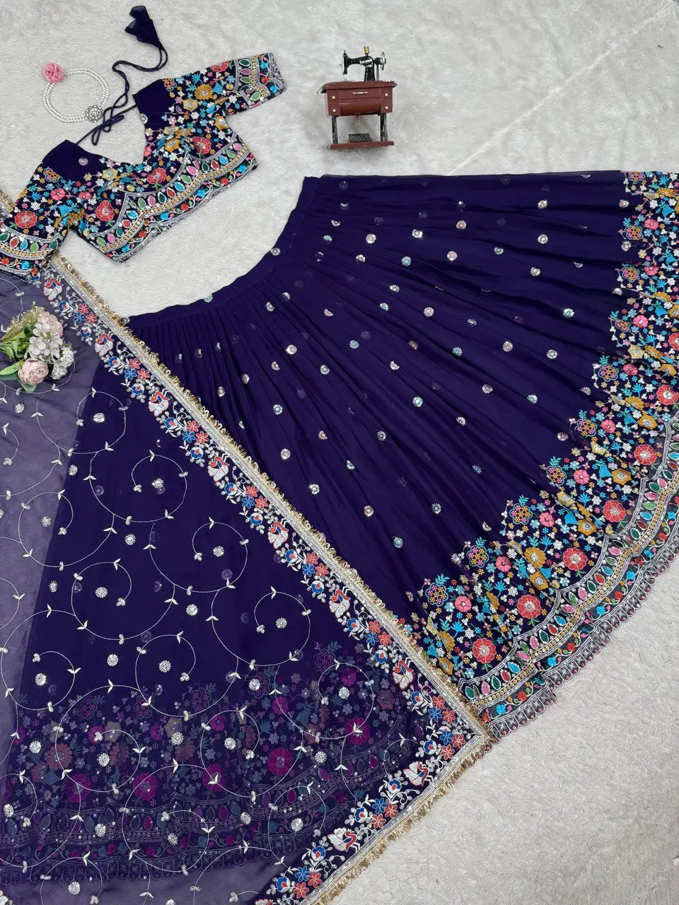 Faux Georgette Thread and Sequin Embroidered Lehenga Set