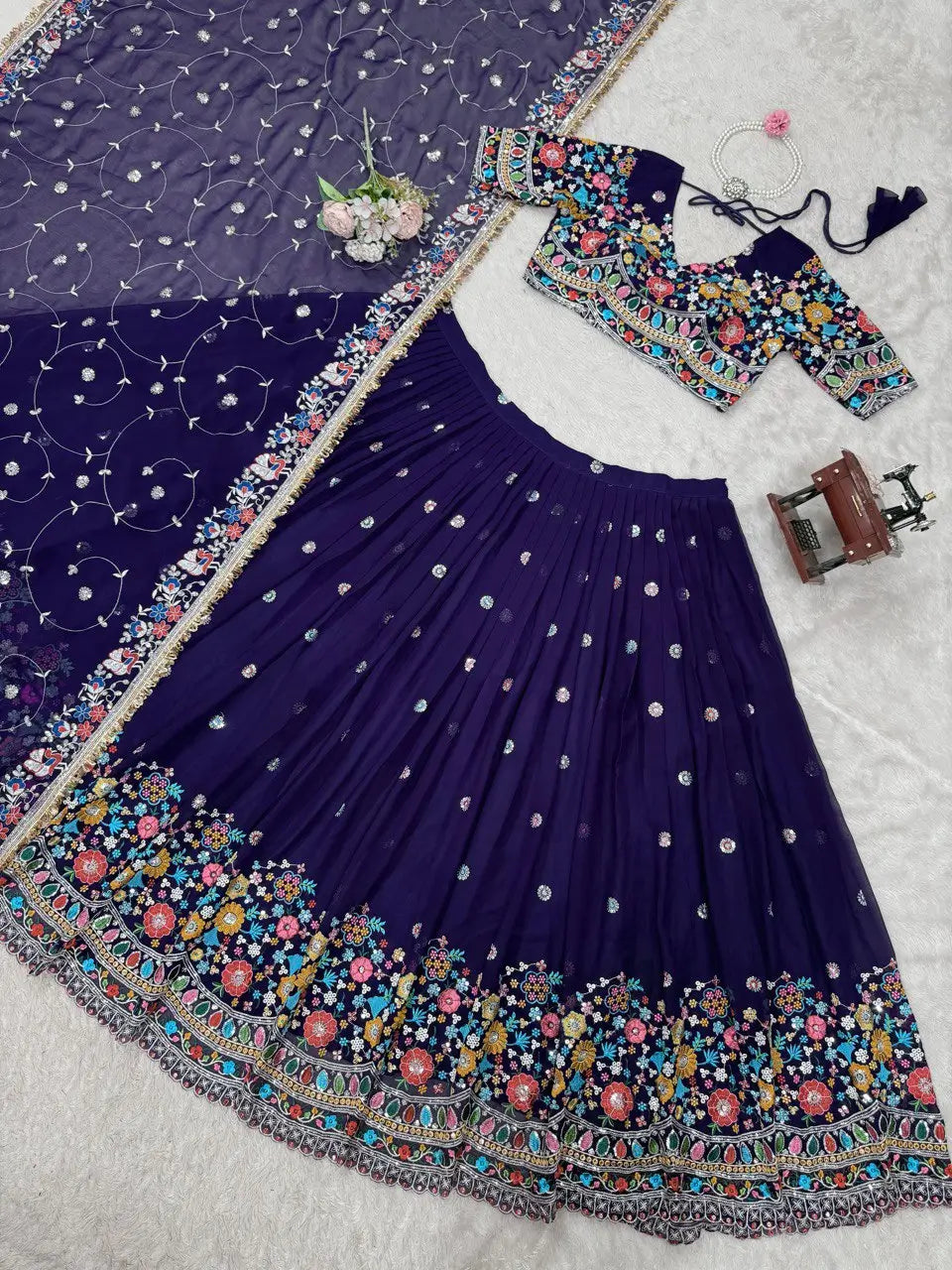 Faux Georgette Thread and Sequin Embroidered Lehenga Set