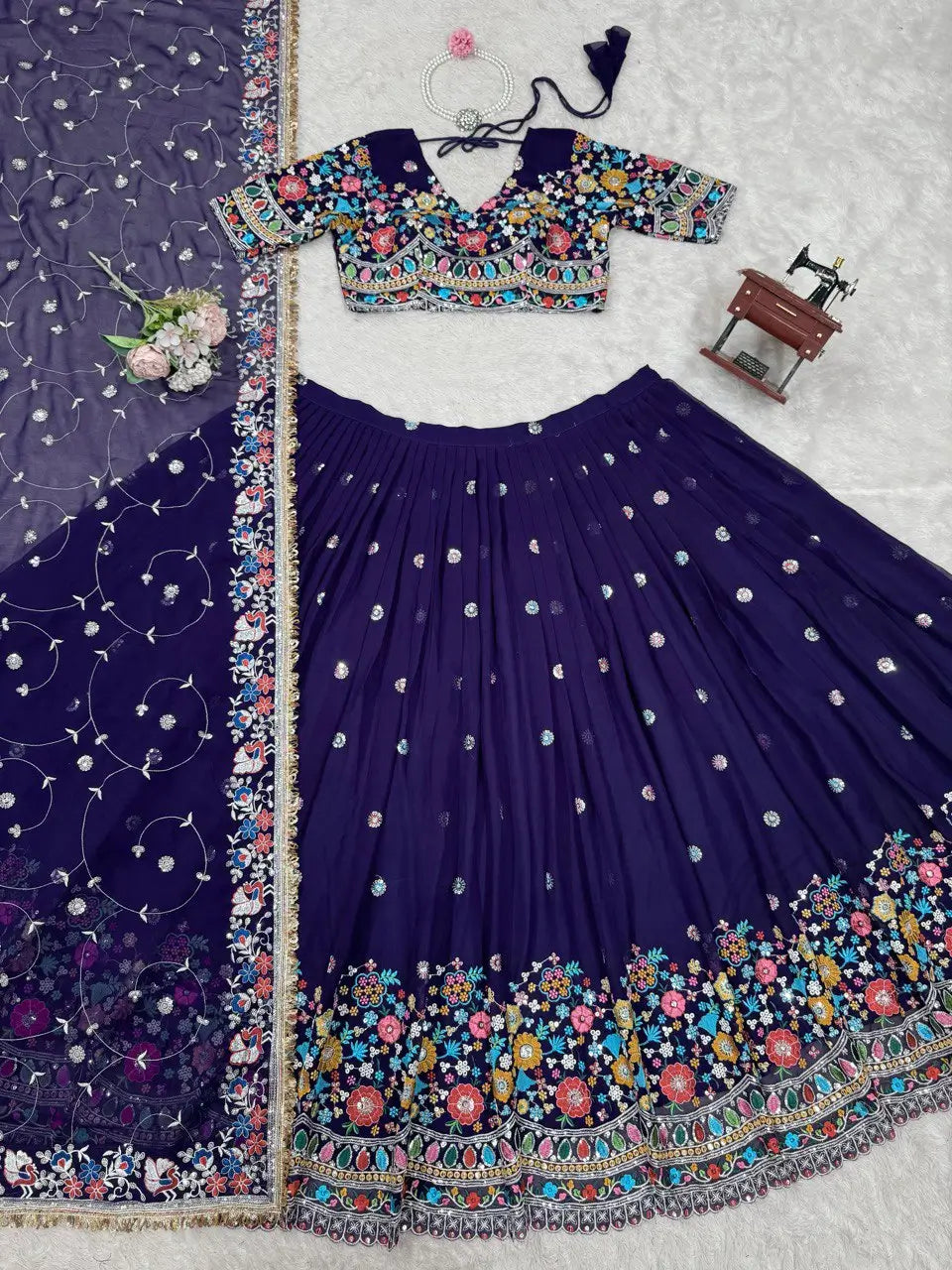Faux Georgette Thread and Sequin Embroidered Lehenga Set