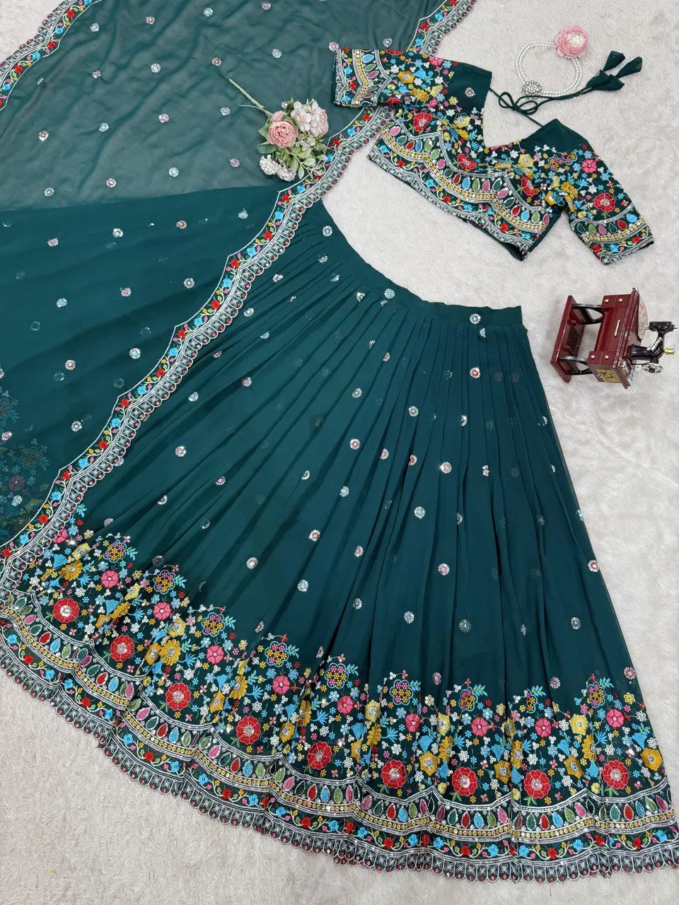 Faux Georgette Thread and Sequin Embroidered Lehenga Set