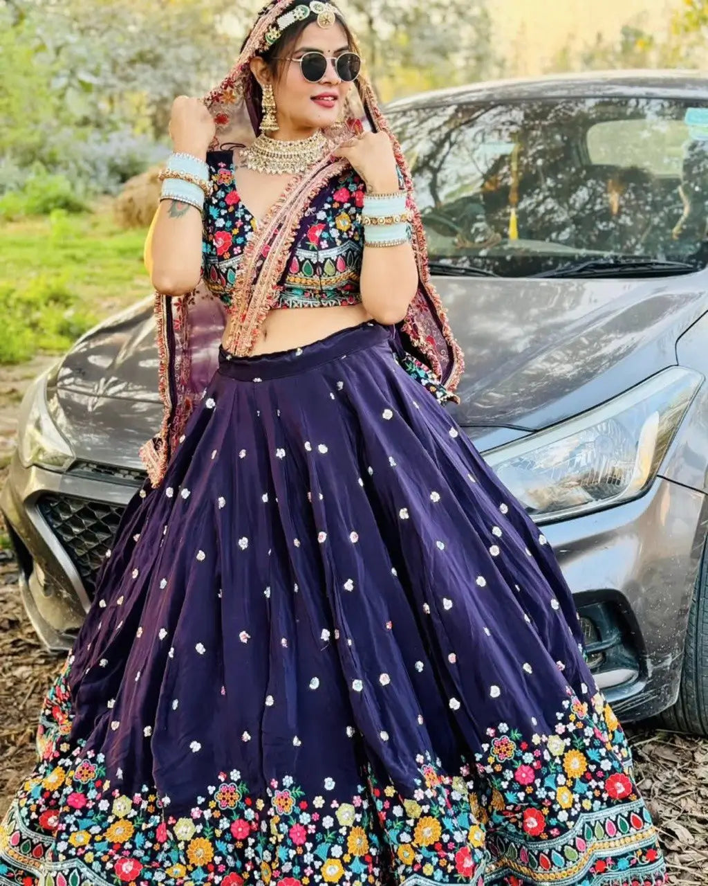 Faux Georgette Thread and Sequin Embroidered Lehenga Set