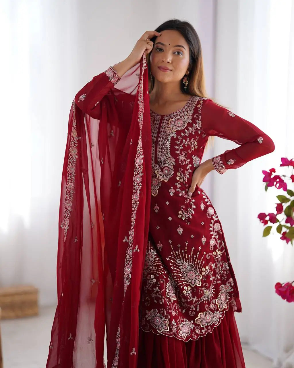 Faux Georgette Thread and Sequin Embroidered Sharara Suit