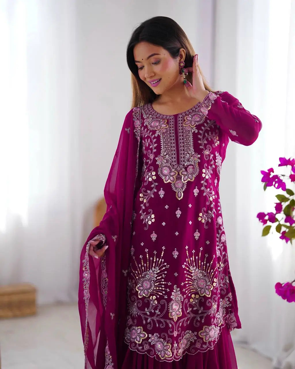 Faux Georgette Thread and Sequin Embroidered Sharara Suit