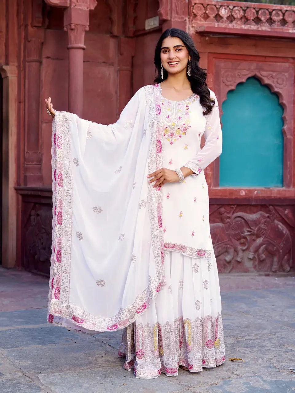 Faux Georgette Thread and Sequin Embroidered Sharara Suit