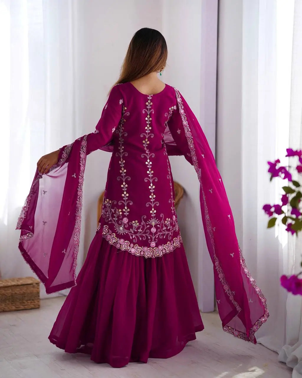Faux Georgette Thread and Sequin Embroidered Sharara Suit