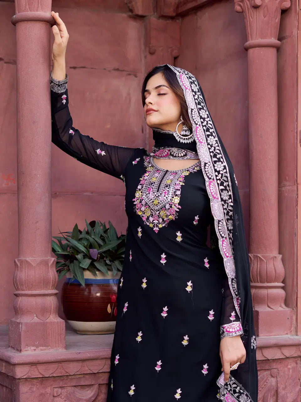 Faux Georgette Thread and Sequin Embroidered Sharara Suit