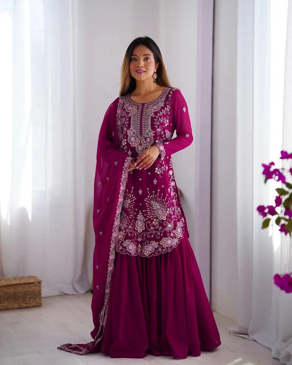Faux Georgette Thread and Sequin Embroidered Sharara Suit
