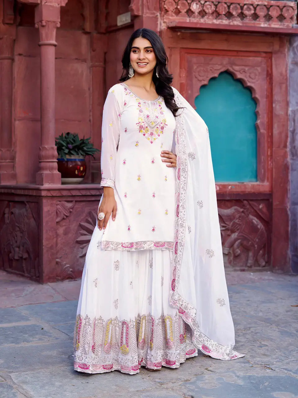 Faux Georgette Thread and Sequin Embroidered Sharara Suit