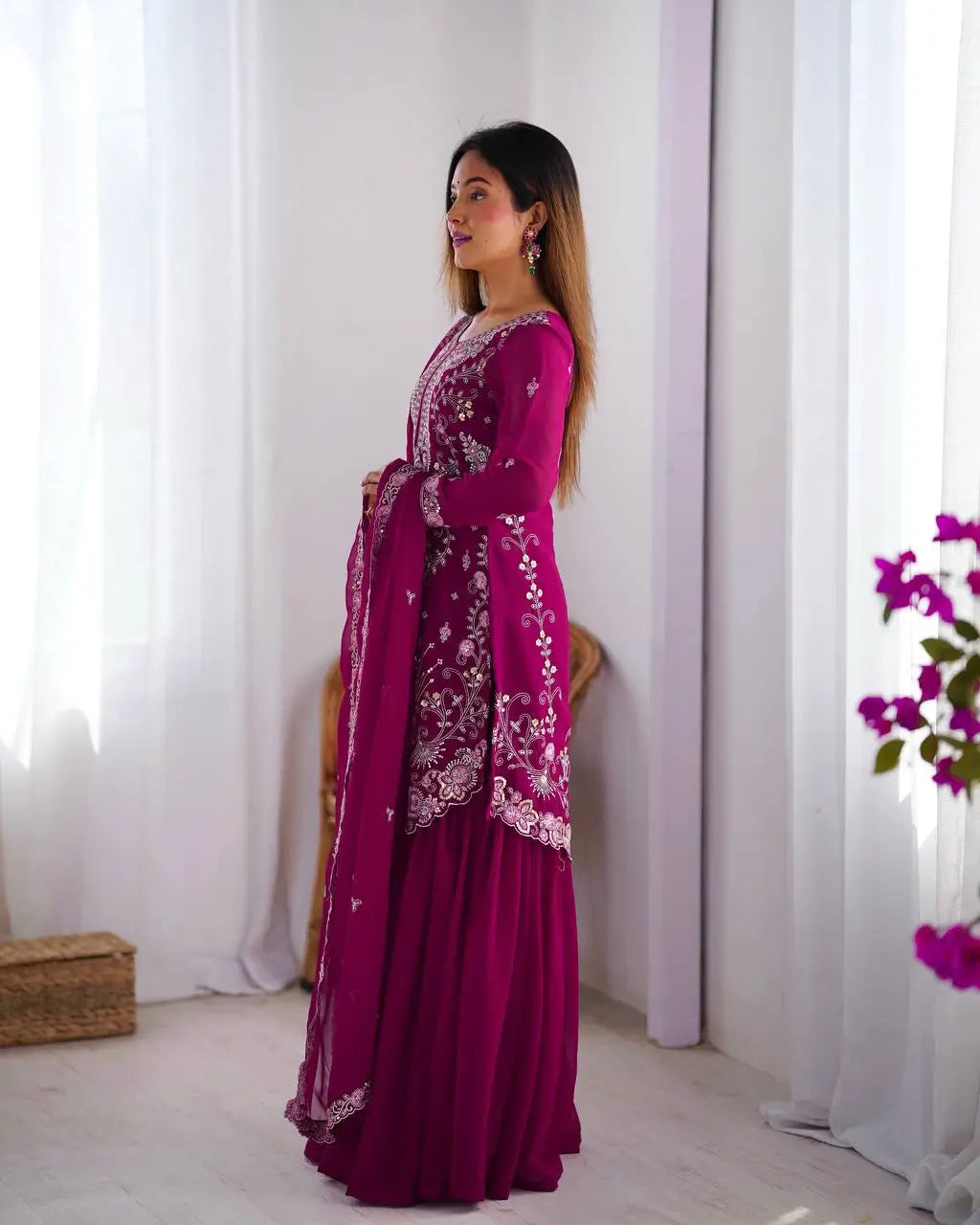 Faux Georgette Thread and Sequin Embroidered Sharara Suit