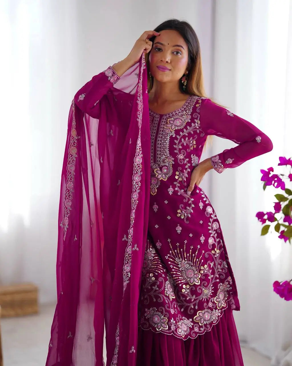 Faux Georgette Thread and Sequin Embroidered Sharara Suit