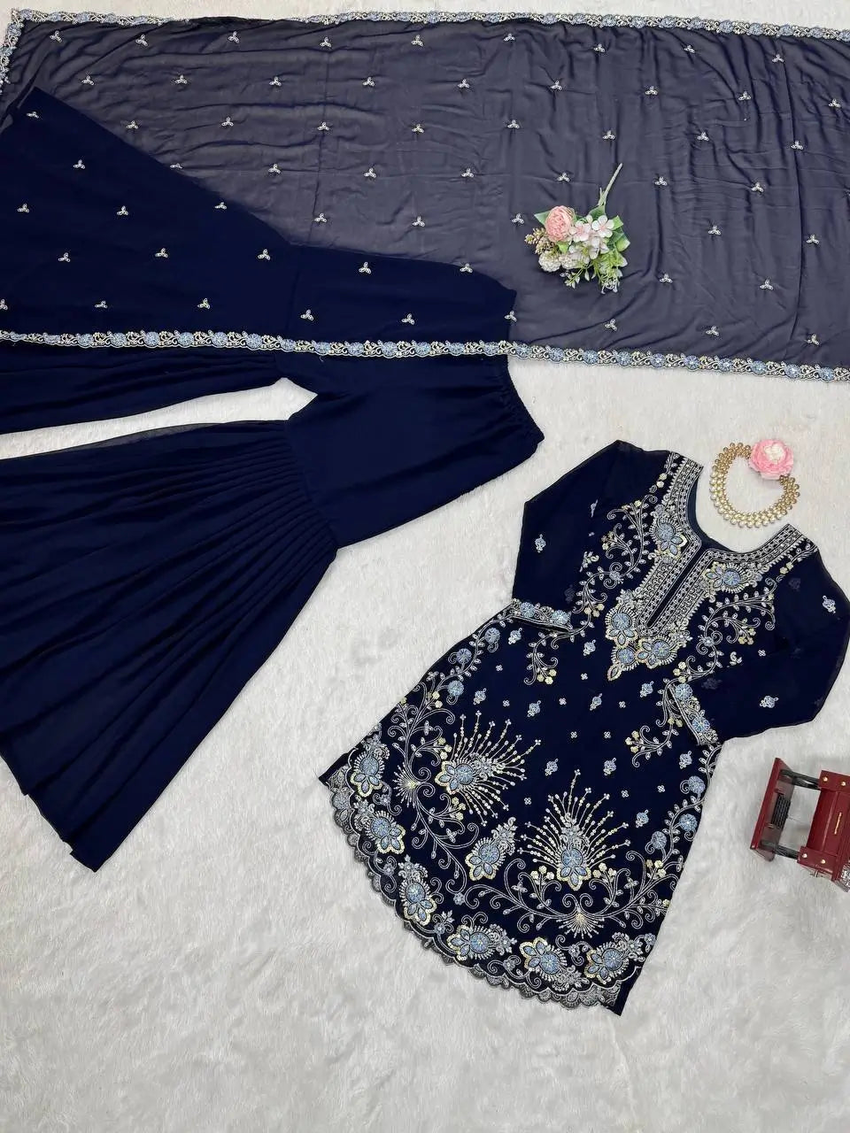 Faux Georgette Thread and Sequin Embroidered Sharara Suit