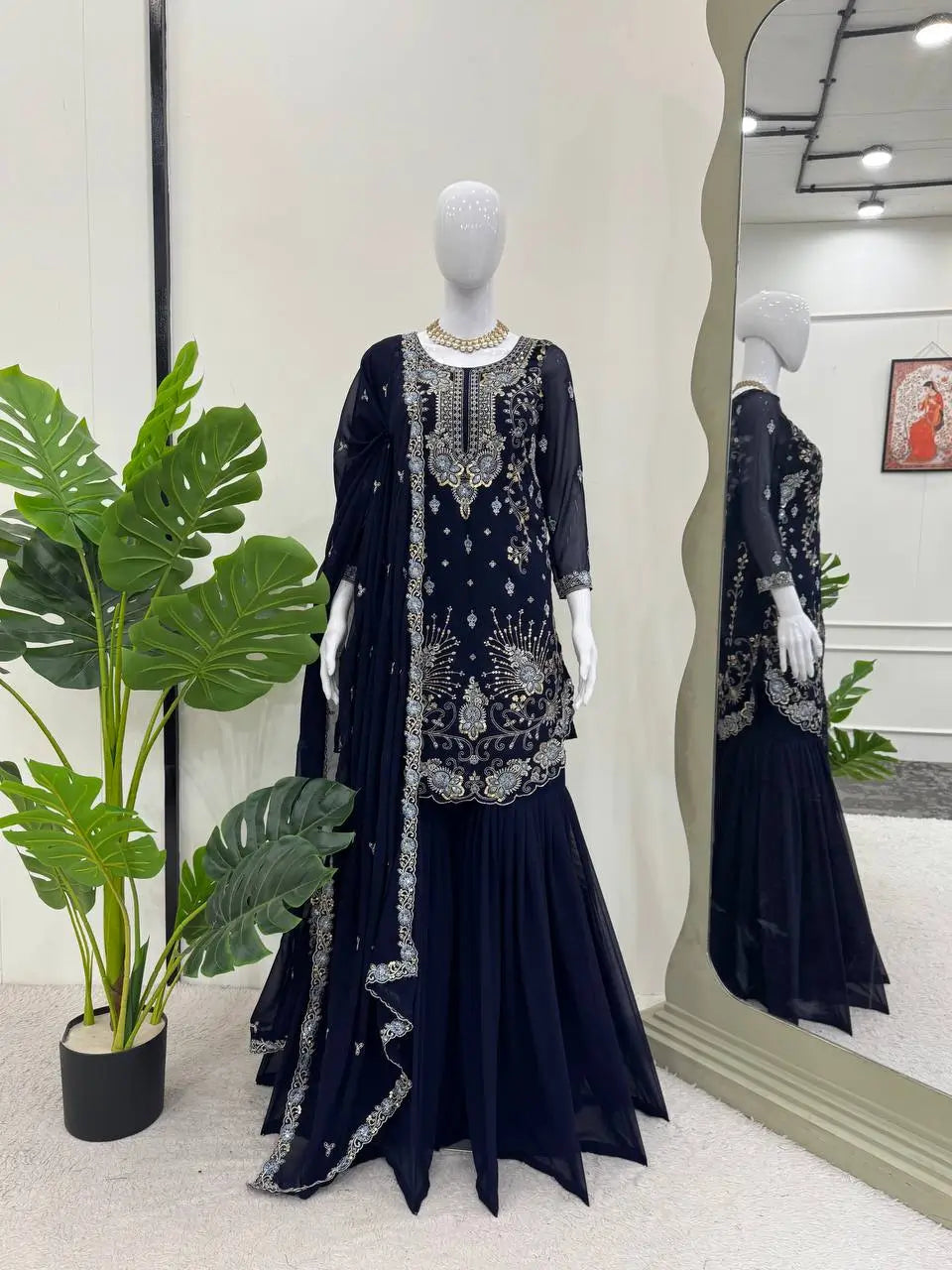 Faux Georgette Thread and Sequin Embroidered Sharara Suit