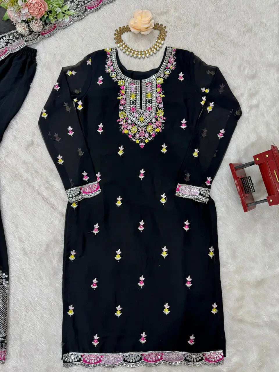 Faux Georgette Thread and Sequin Embroidered Sharara Suit