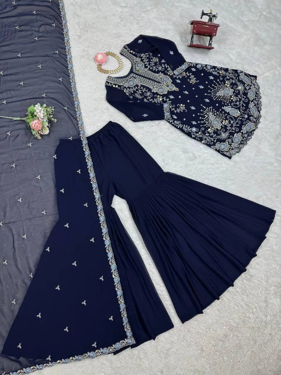 Faux Georgette Thread and Sequin Embroidered Sharara Suit