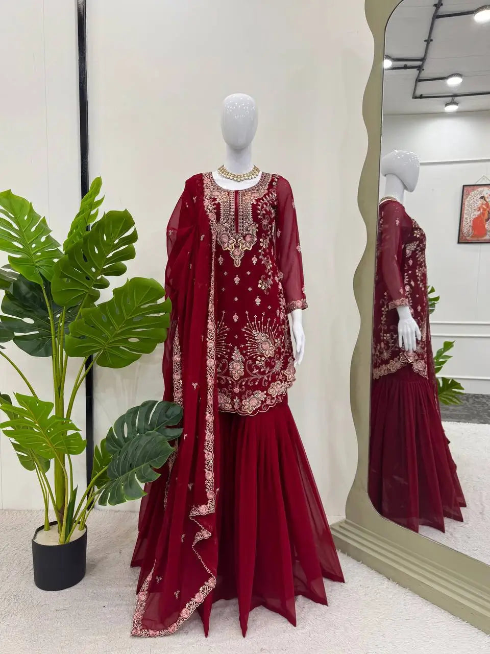 Faux Georgette Thread and Sequin Embroidered Sharara Suit