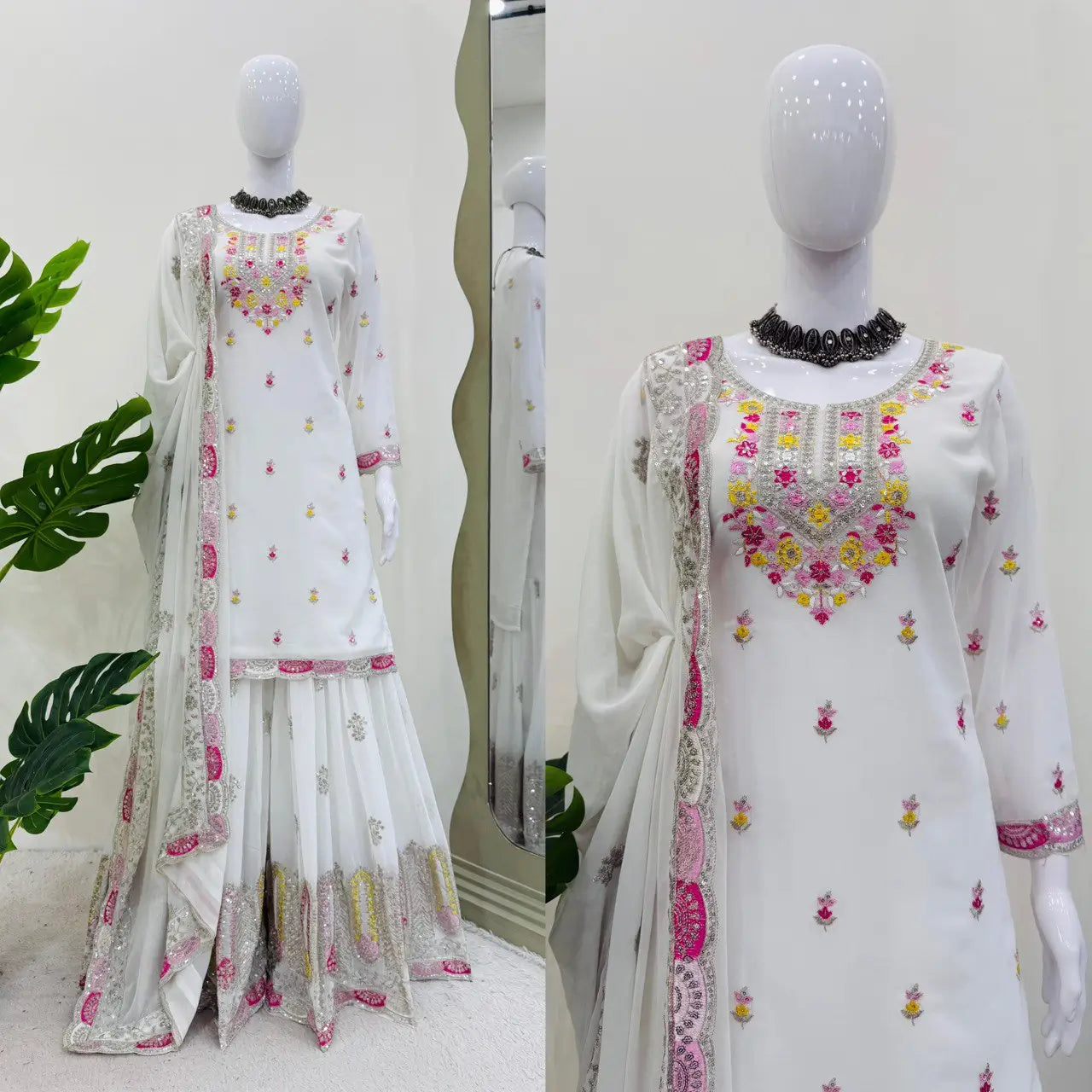 Faux Georgette Thread and Sequin Embroidered Sharara Suit