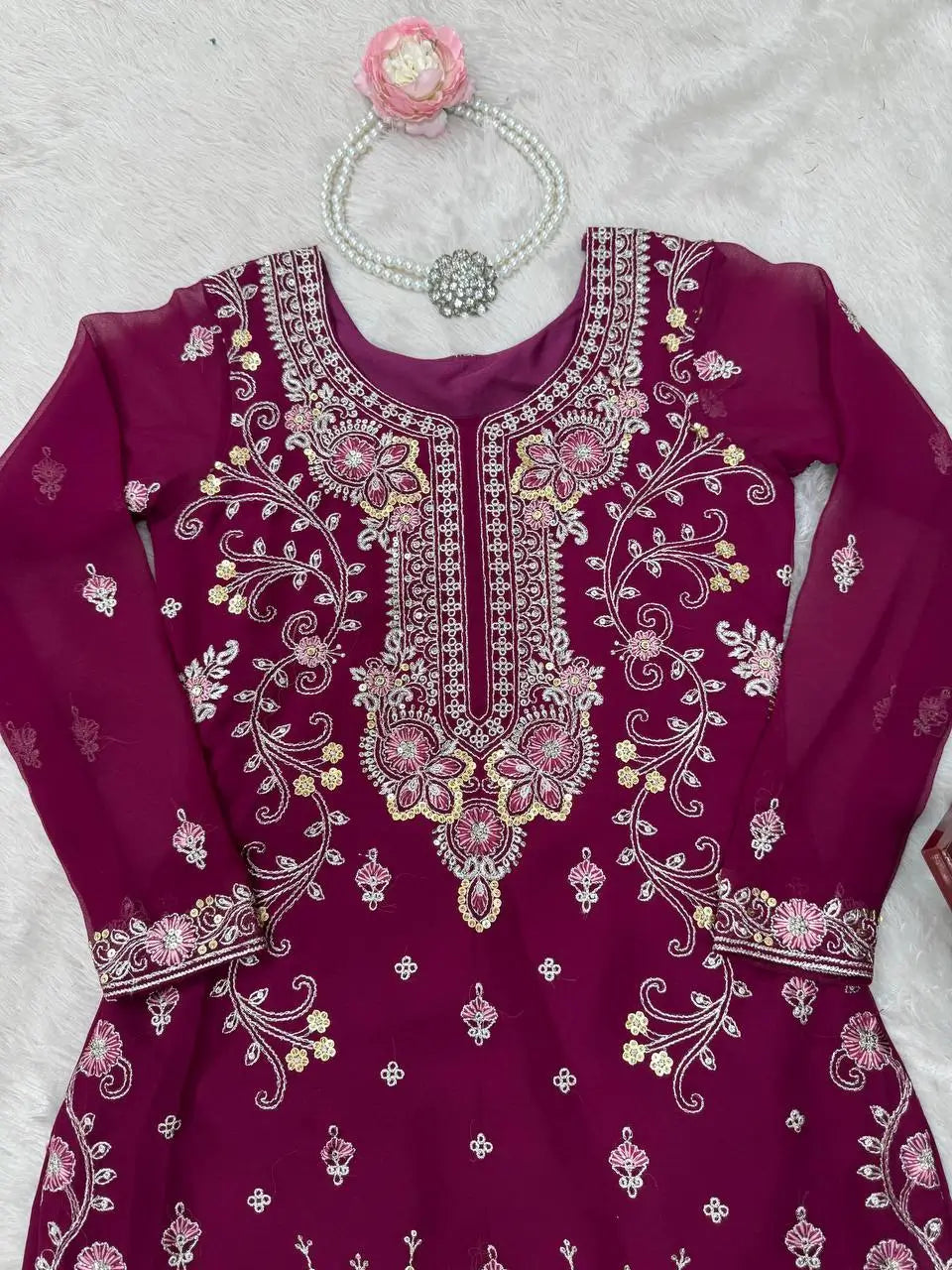 Faux Georgette Thread and Sequin Embroidered Sharara Suit