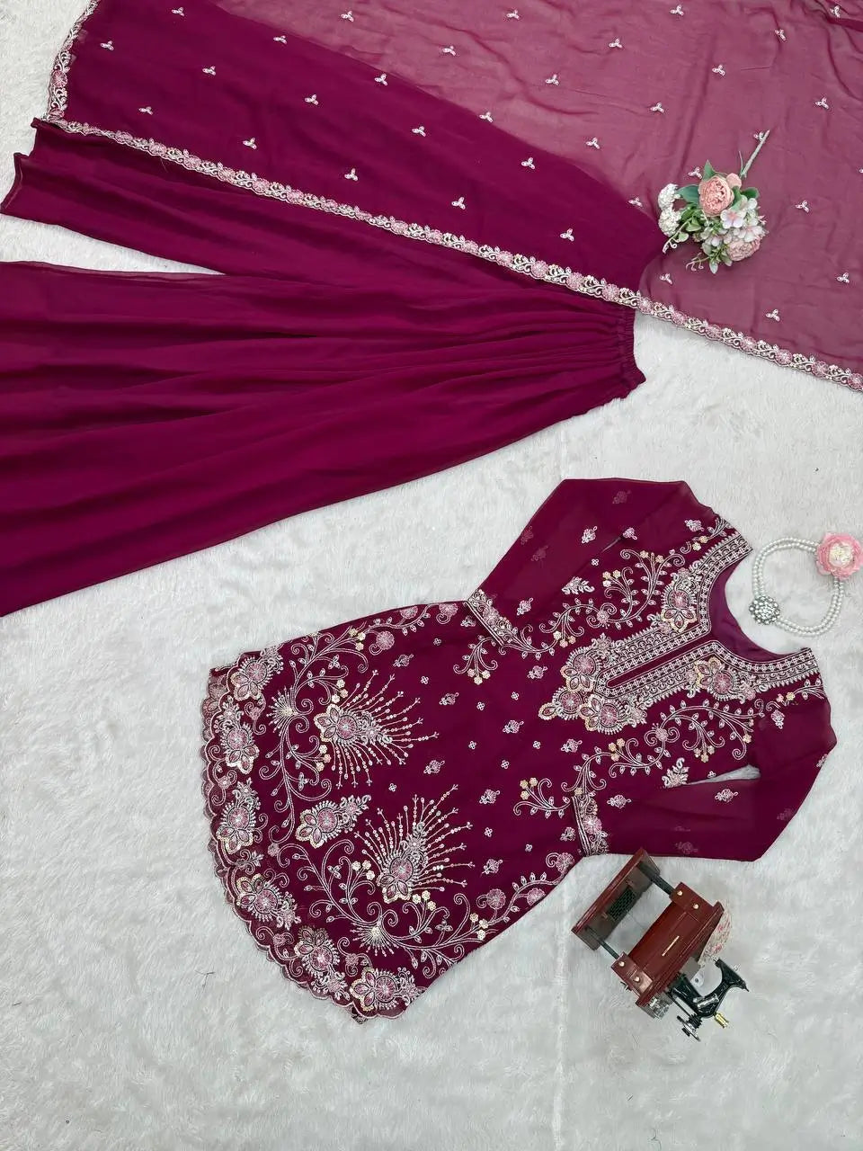 Faux Georgette Thread and Sequin Embroidered Sharara Suit