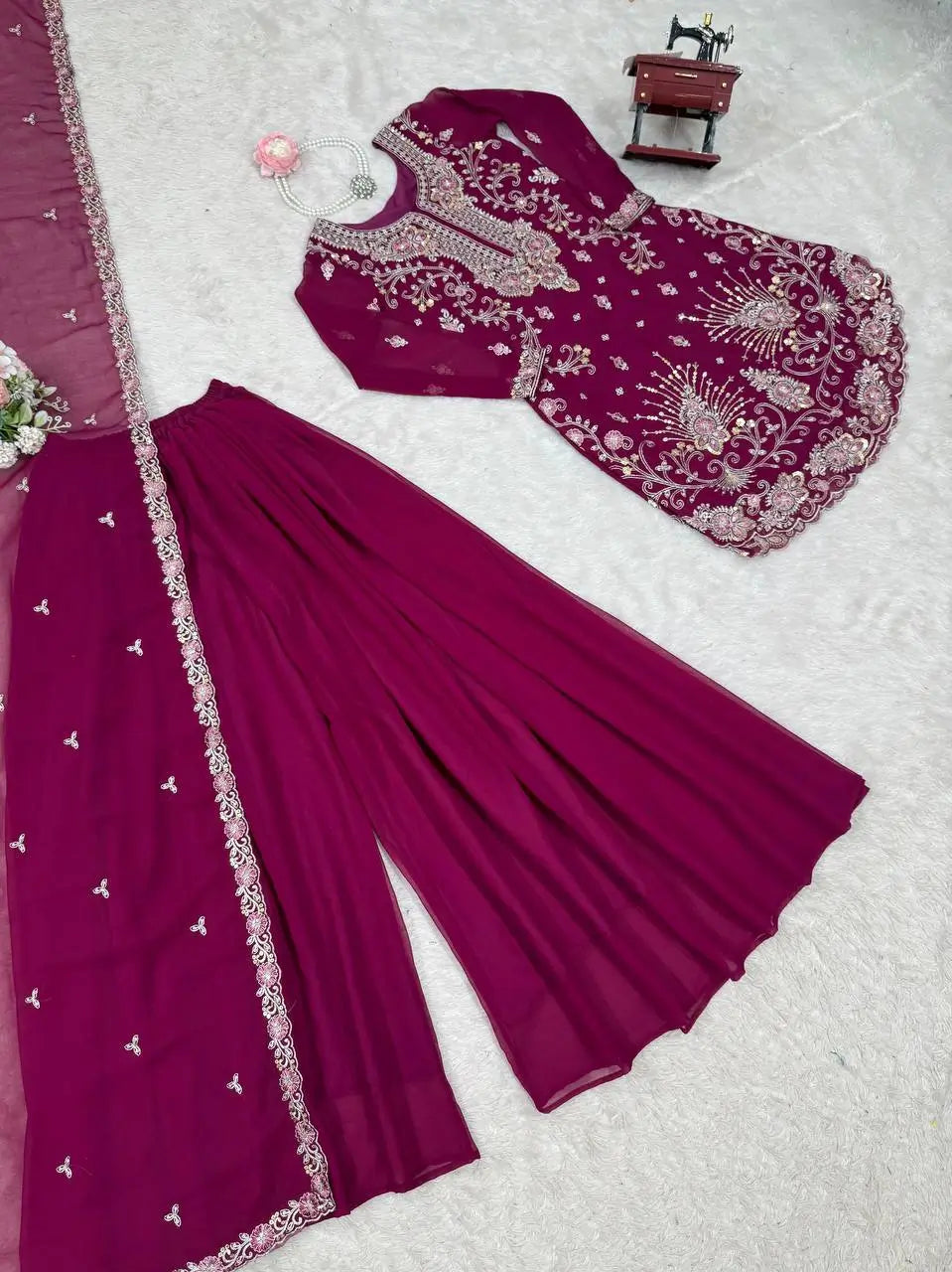 Faux Georgette Thread and Sequin Embroidered Sharara Suit