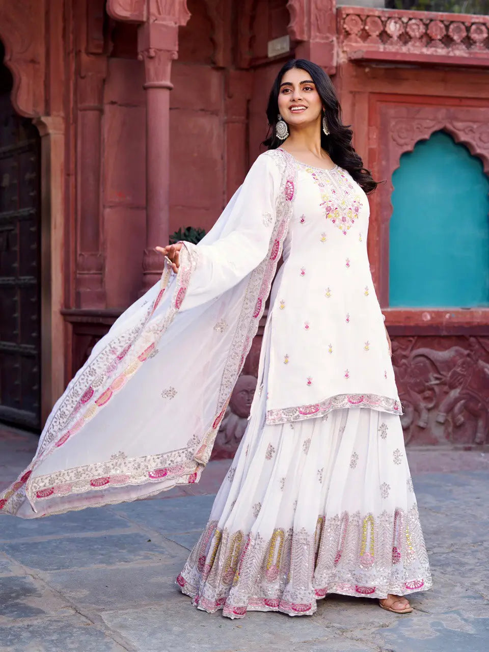 Faux Georgette Thread and Sequin Embroidered Sharara Suit