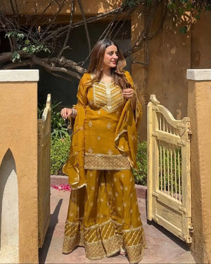 Faux Georgette Thread and Sequin Embroidered Sharara Suit