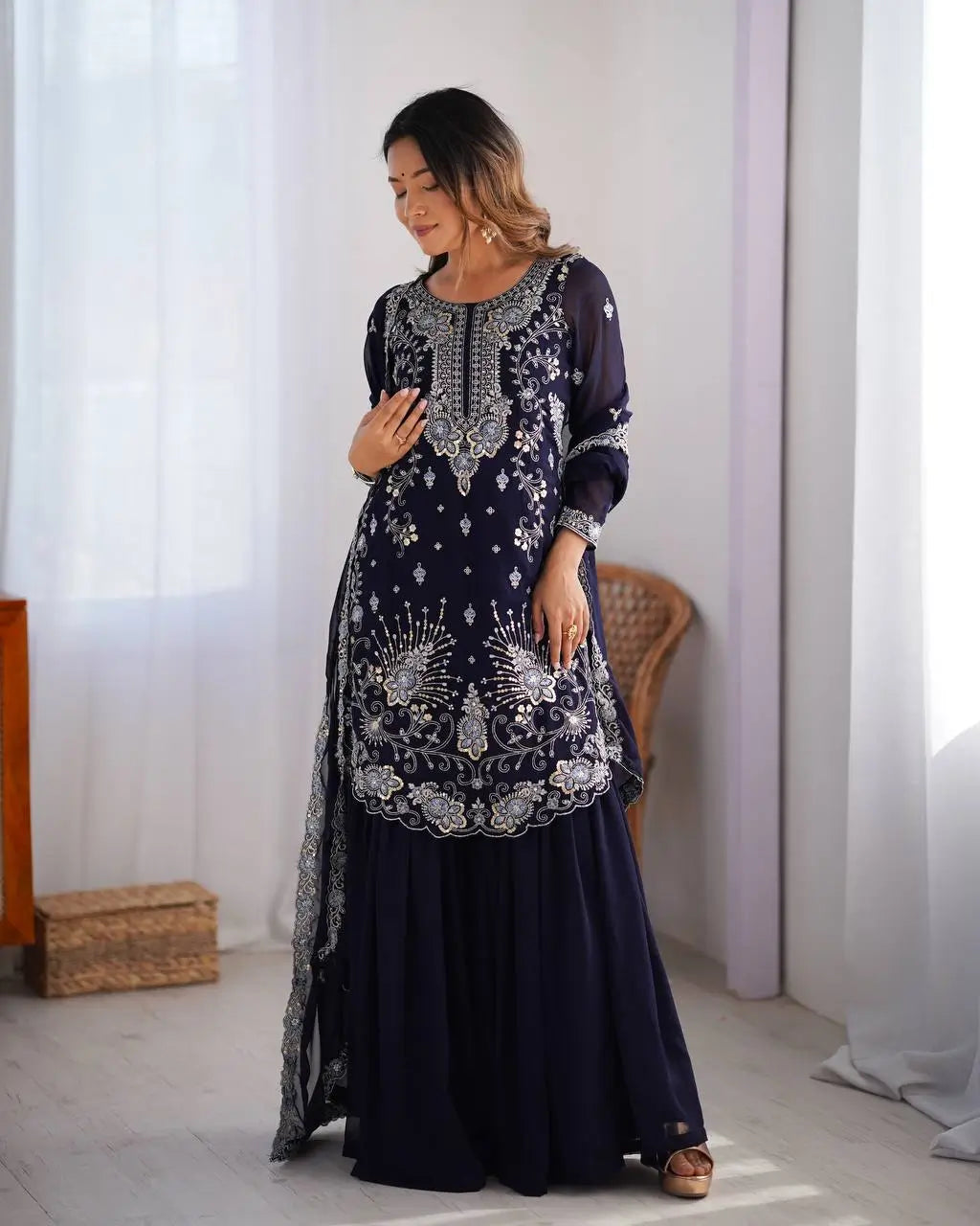 Faux Georgette Thread and Sequin Embroidered Sharara Suit
