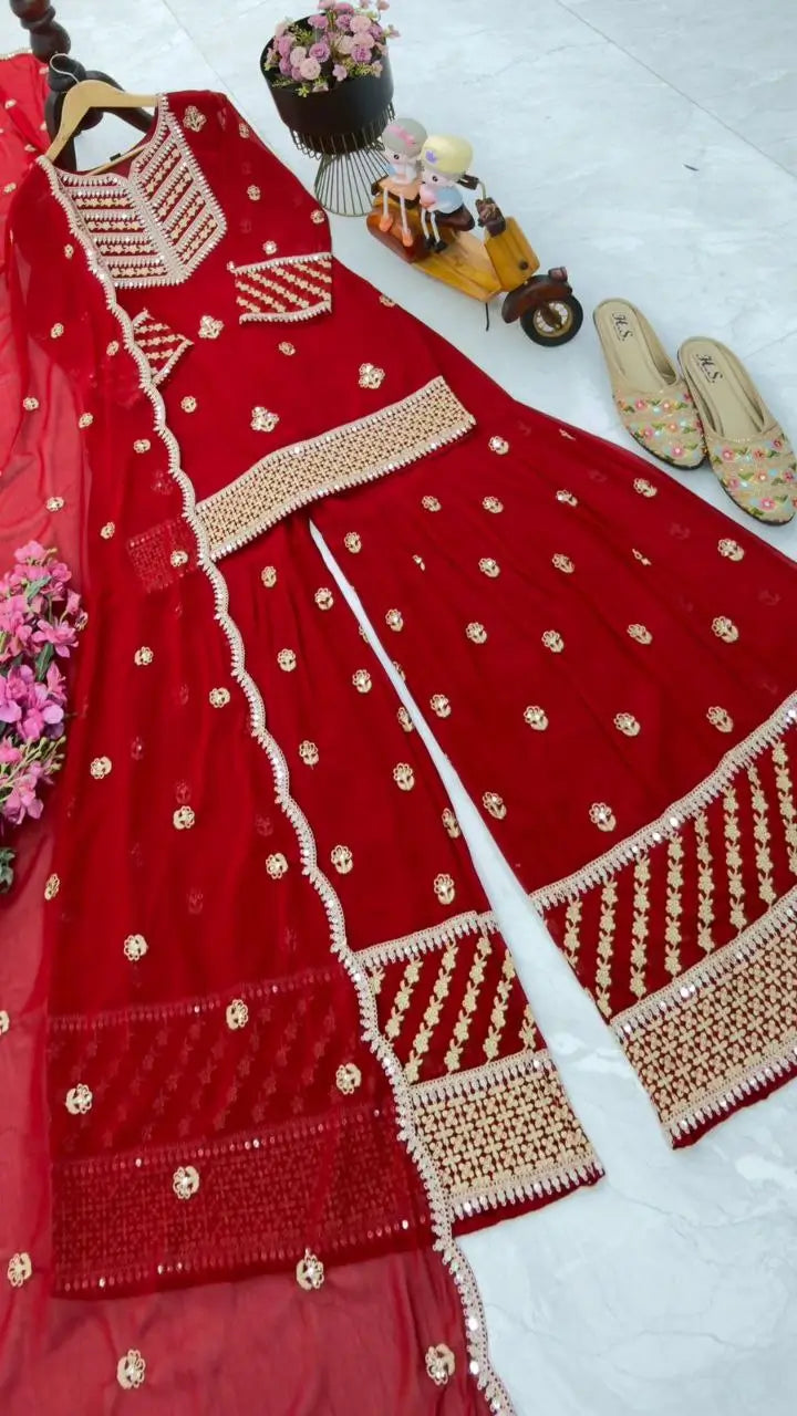 Faux Georgette Thread and Sequin Embroidered Sharara Suit
