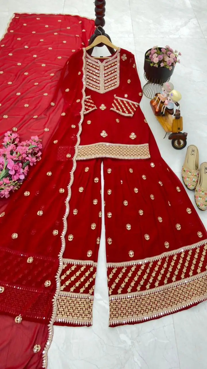 Faux Georgette Thread and Sequin Embroidered Sharara Suit