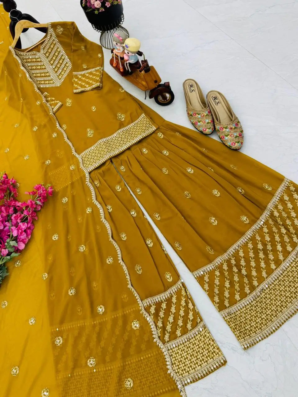 Faux Georgette Thread and Sequin Embroidered Sharara Suit