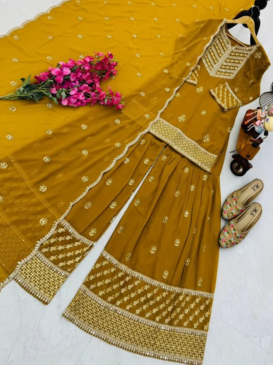 Faux Georgette Thread and Sequin Embroidered Sharara Suit