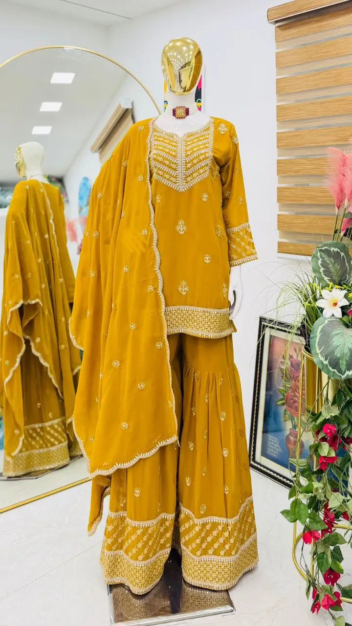 Faux Georgette Thread and Sequin Embroidered Sharara Suit